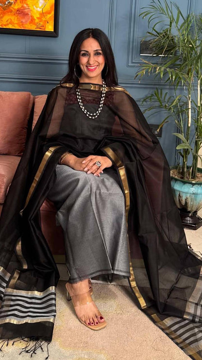 Elegant Black & Grey Cotton Silk Banarasi Suit with Stripe Zari Patti Dupatta 600SKL_CS18