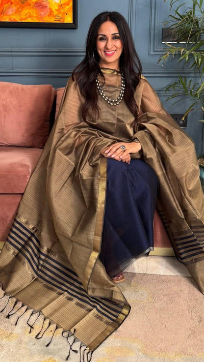 Premium Olive Gold Cotton Silk Banarasi Suit with Navy Plain Bottom & Stripe Zari Patti Dupatta 600SKL_CS19