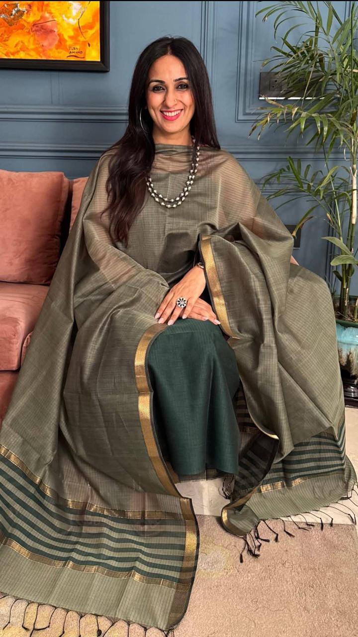Dark Green Cotton Silk Banarasi Suit with Gold Zari Stripe Dupatta 600SKL_CS21