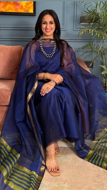 Royal Blue Cotton Silk Banarasi Suit with Contrast Stripe Zari Patti Dupatta 600SKL_CS22
