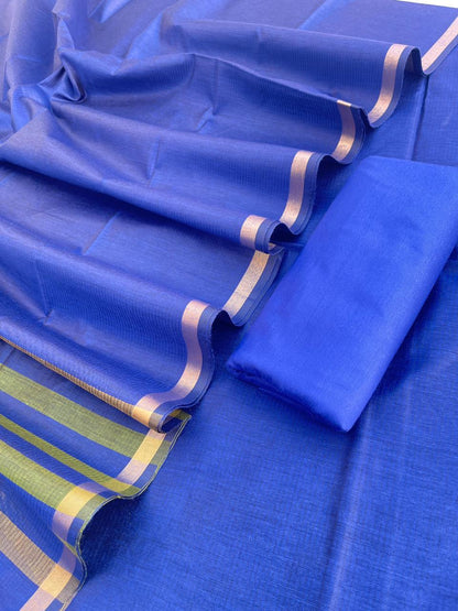 Royal Blue Cotton Silk Banarasi Suit with Contrast Stripe Zari Patti Dupatta 600SKL_CS22