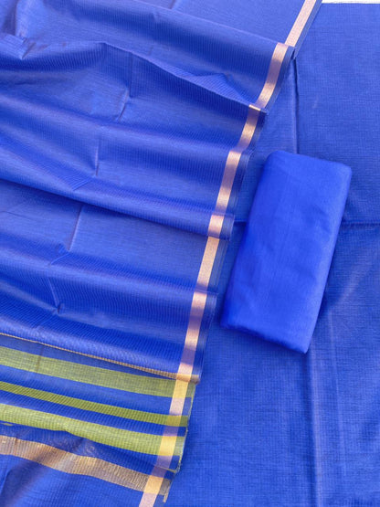 Royal Blue Cotton Silk Banarasi Suit with Contrast Stripe Zari Patti Dupatta 600SKL_CS22