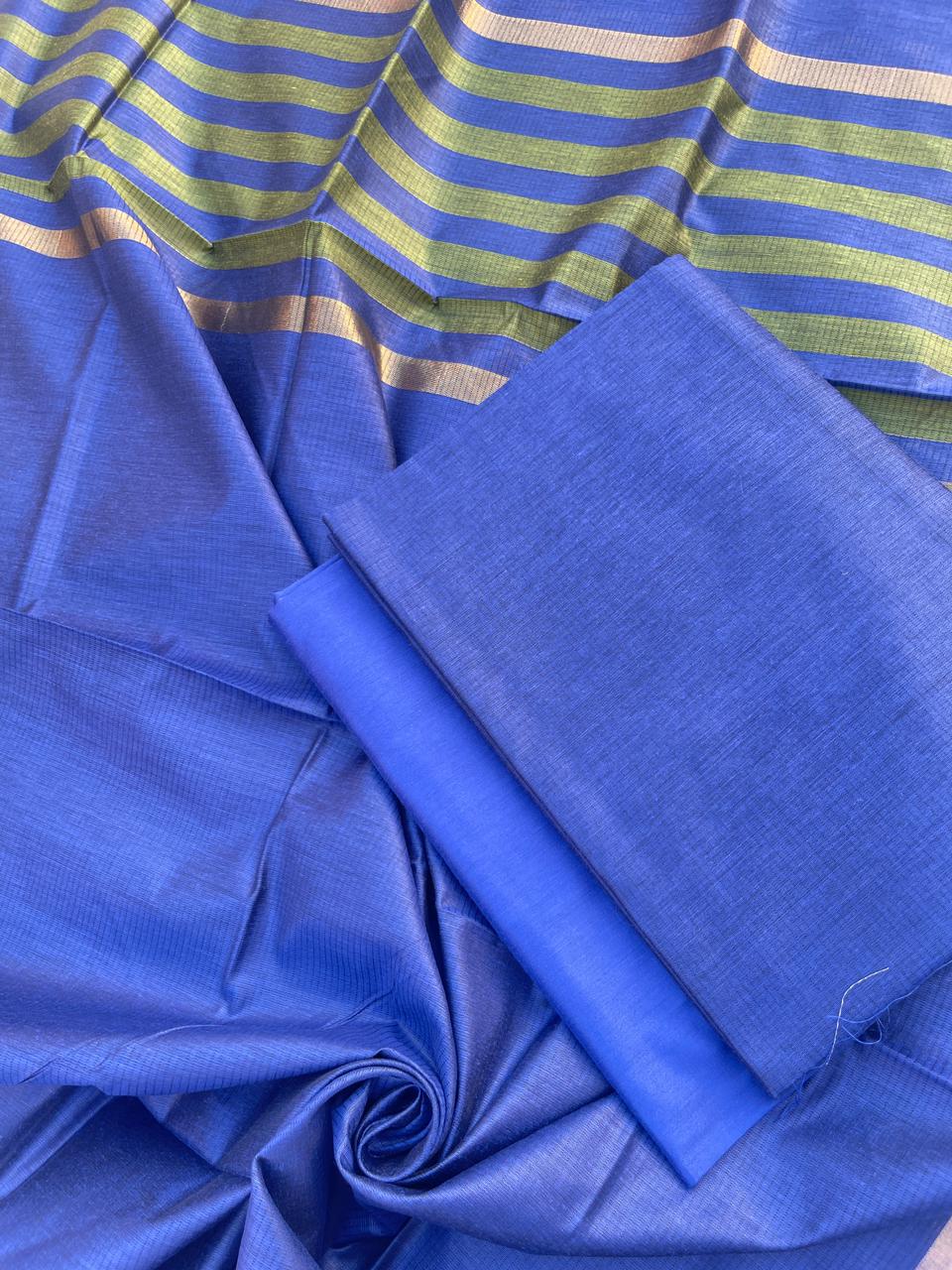 Royal Blue Cotton Silk Banarasi Suit with Contrast Stripe Zari Patti Dupatta 600SKL_CS22