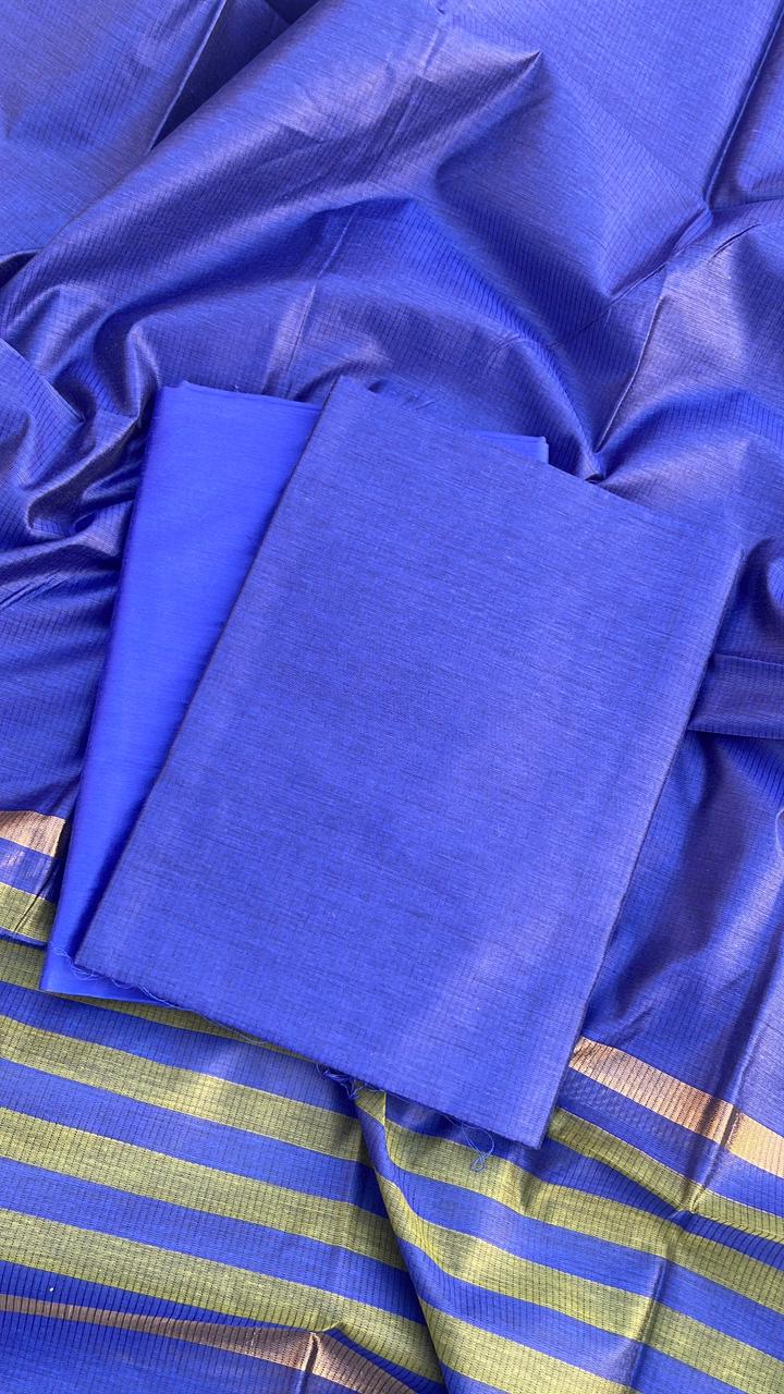 Royal Blue Cotton Silk Banarasi Suit with Contrast Stripe Zari Patti Dupatta 600SKL_CS22