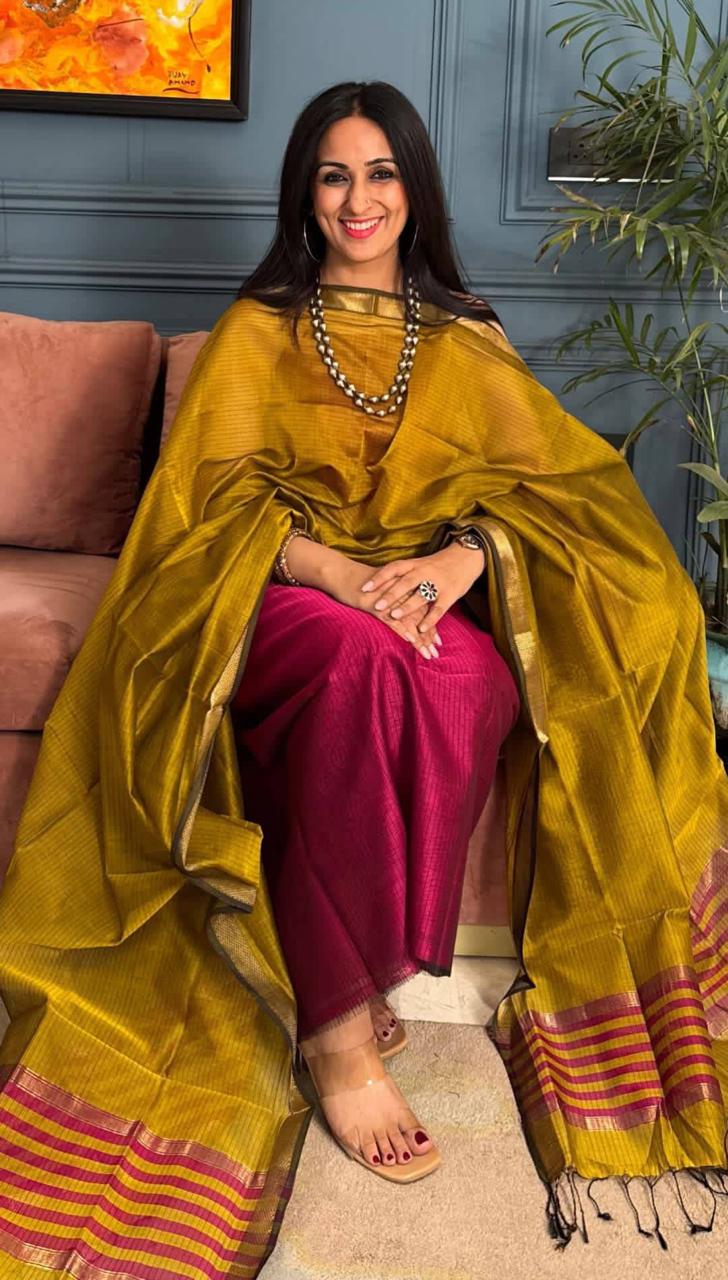 Dark Pink Cotton Silk Banarasi Suit with Contrast Mustard Gold Bottom & Zari Patti Dupatta 600SKL_CS23