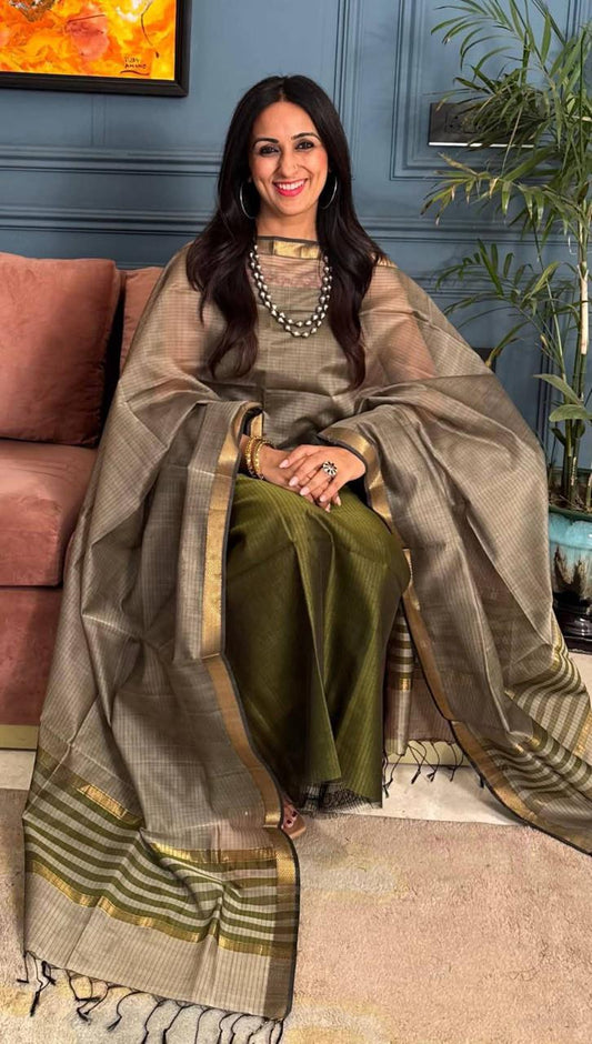 Mehndi Green Cotton Silk Banarasi Suit with Gold Zari Stripe Dupatta 600SKL_CS24