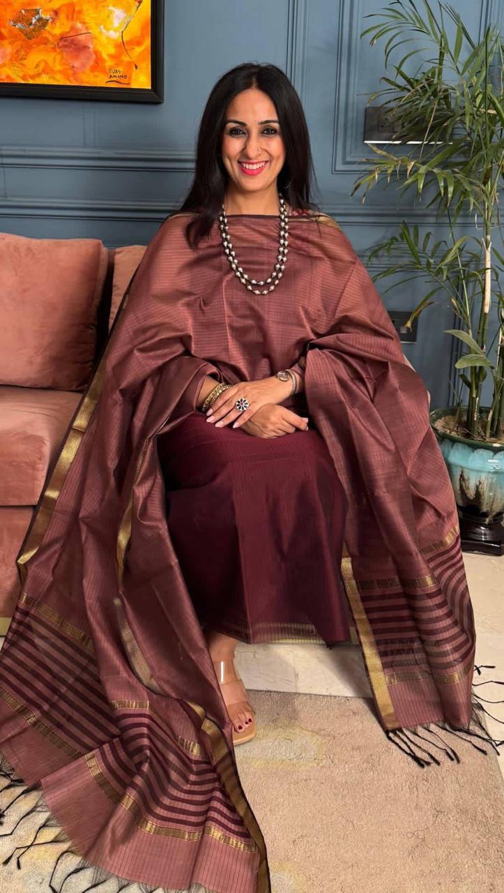 Burgundy Cotton Silk Banarasi Suit with Gold Zari Stripe Dupatta 600SKL_CS26