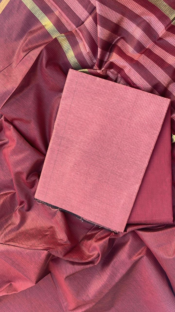 Burgundy Cotton Silk Banarasi Suit with Gold Zari Stripe Dupatta 600SKL_CS26