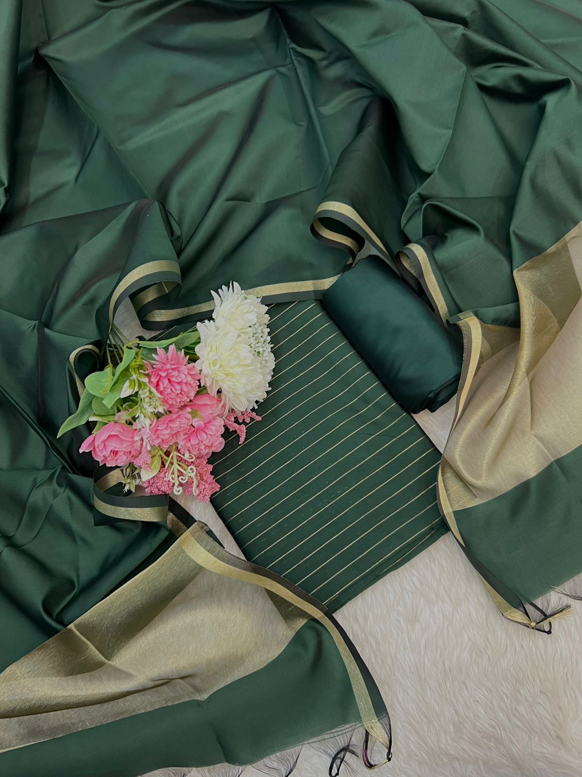 Bottle Green Cotton Silk Zari Stripe Banarasi Suit with Plain Zari Border Dupatta 600SKL_CS27