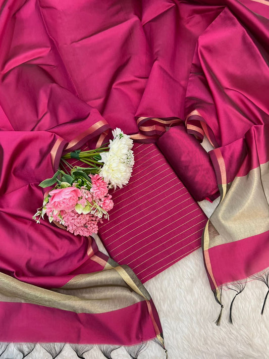 Magenta Cotton Silk Zari Stripe Banarasi Suit with Plain Zari Border Dupatta 600SKL_CS28