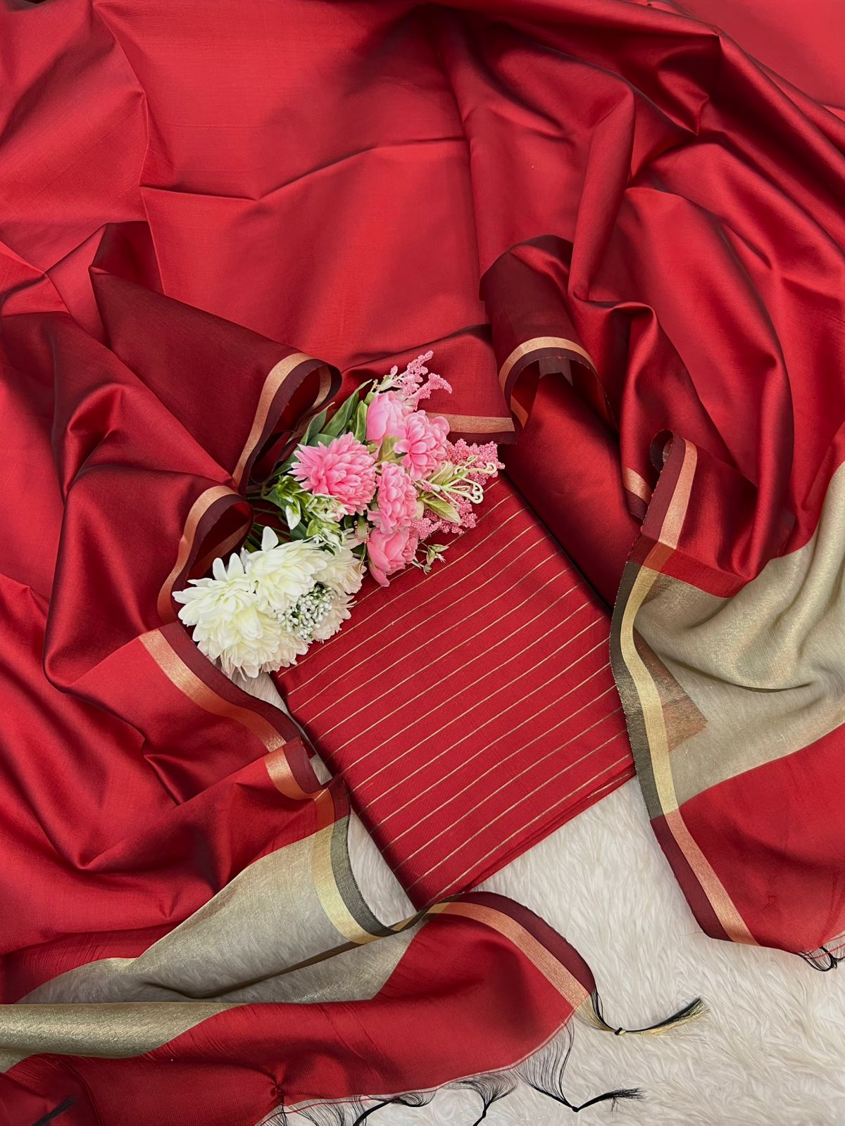 Red Cotton Silk Zari Stripe Banarasi Suit with Plain Zari Border Dupatta 600SKL_CS35