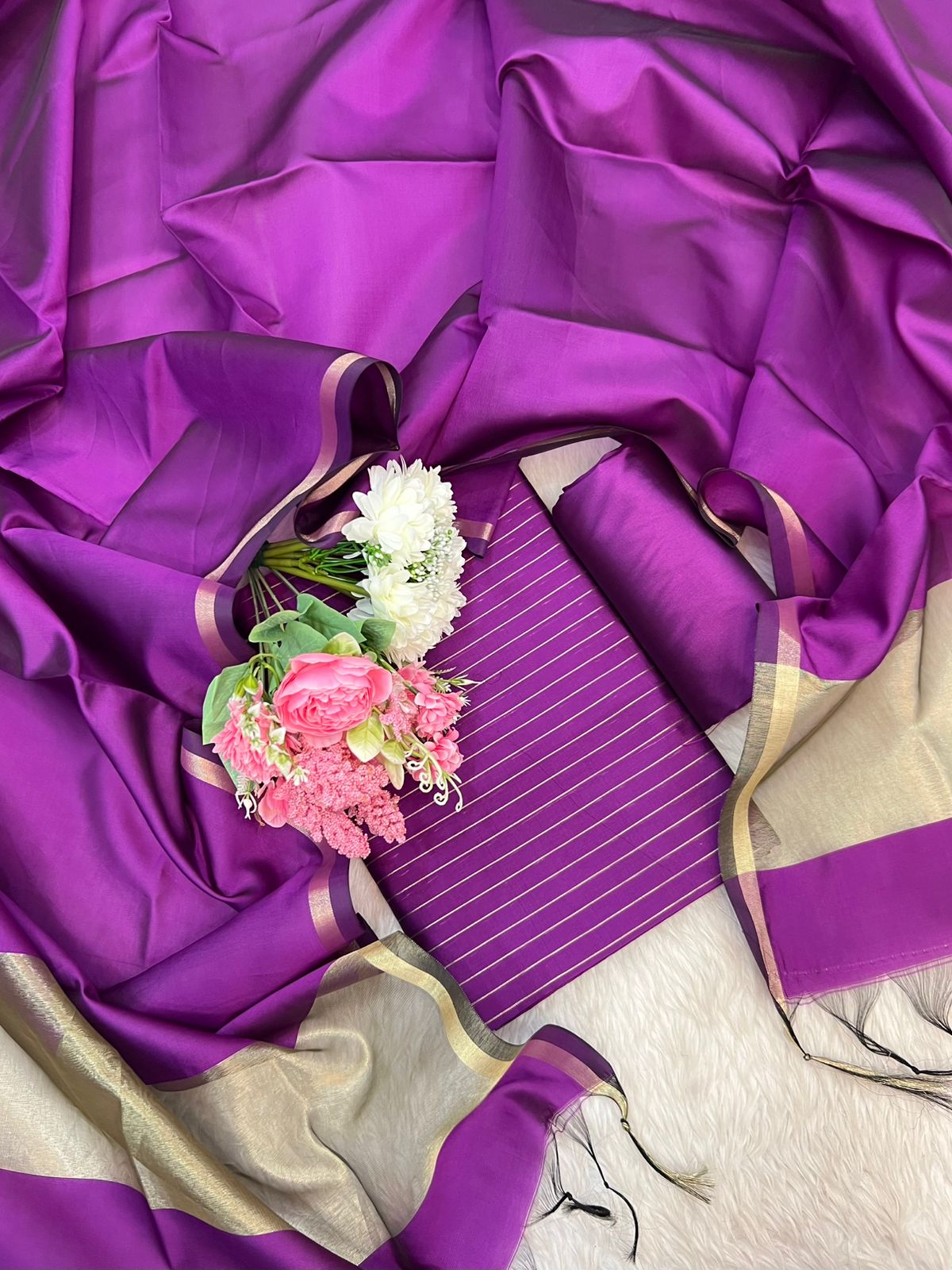 Purple Cotton Silk Zari Stripe Banarasi Suit with Plain Zari Border Dupatta 600SKL_CS36