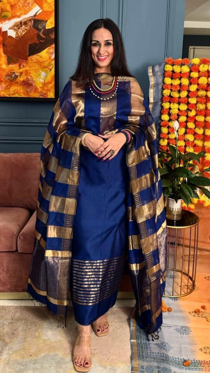 Blue Cotton Silk Banarasi Suit with Plain Gold Zari Border & Patta Dupatta 600SKL_CS39