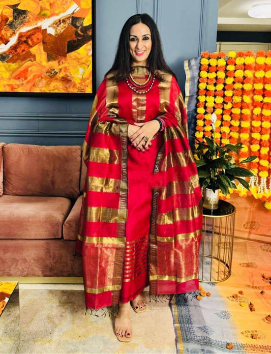 Red Cotton Silk Banarasi Suit with Plain Gold Zari Border & Patta Dupatta 600SKL_CS40