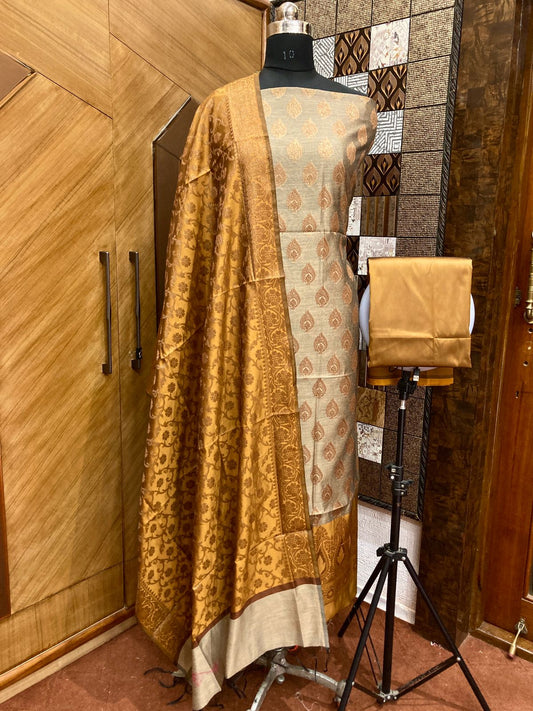 Tussar Cotton weave Zari Booti Contrast Mustard Border Banarasi Suit 600SKL_CT1