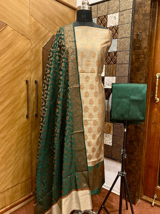 Tussar Cotton weave Zari Booti Contrast Dark Green Border Banarasi Suit 600SKL_CT2