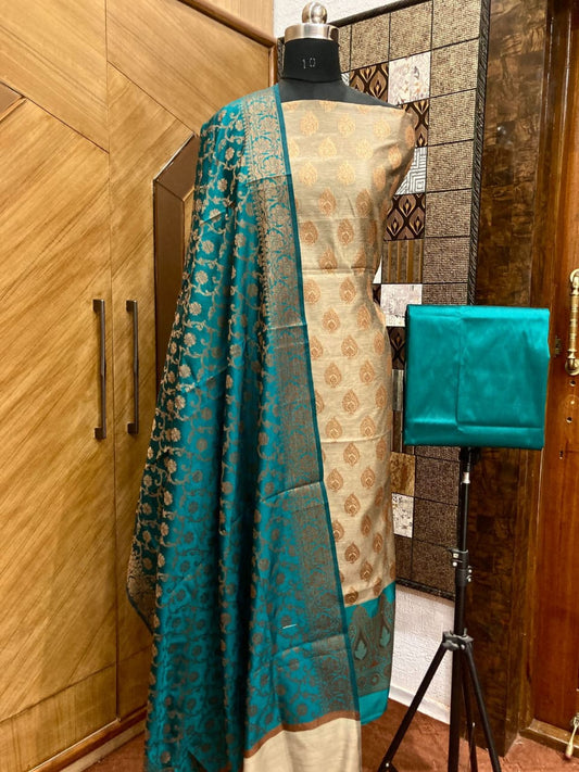 Tussar Cotton weave Zari Booti Contrast Seagreen Border Banarasi Suit 600SKL_CT3