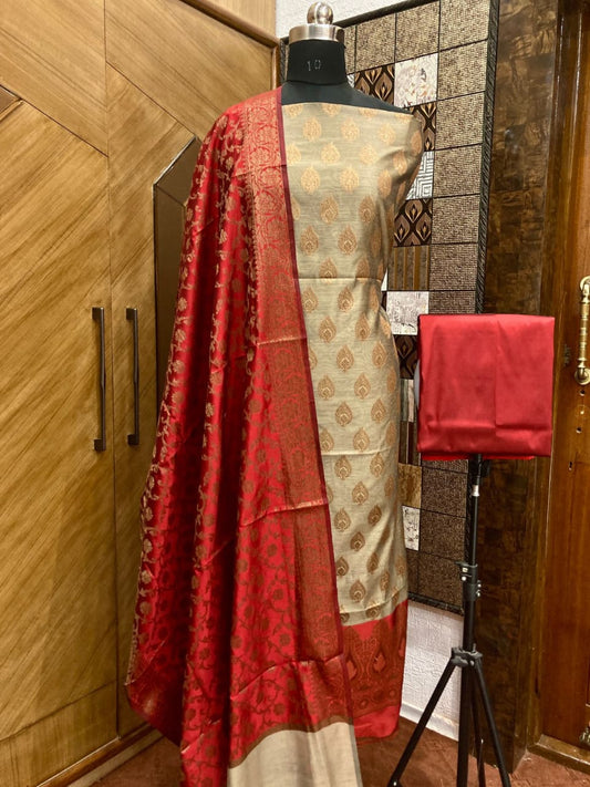 Tussar Cotton weave Zari Booti Contrast Red Border Banarasi Suit 600SKL_CT4