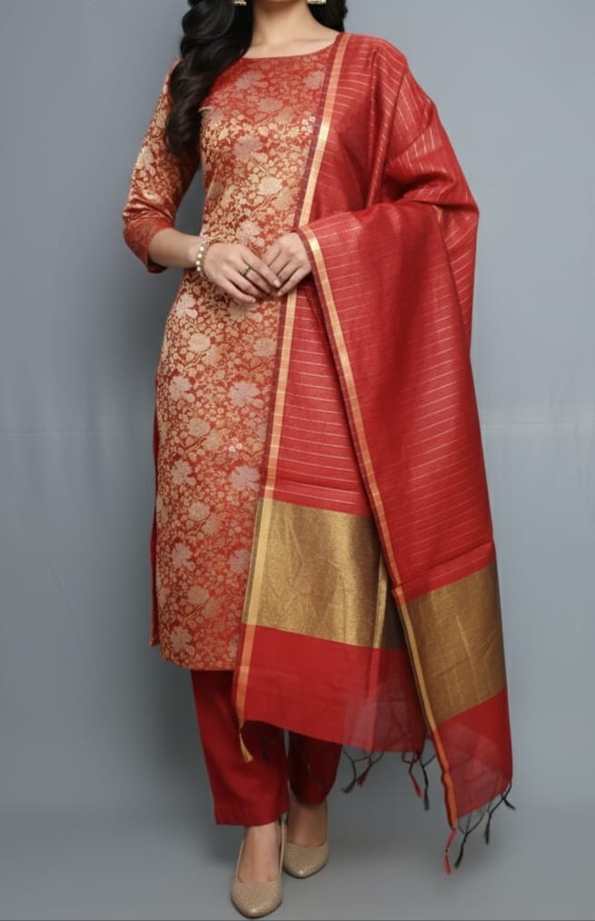 Red Silk Brocade Resham Zari Banarasi Suit with Cotton Stripe Zari Dupatta 600SKL_MB4