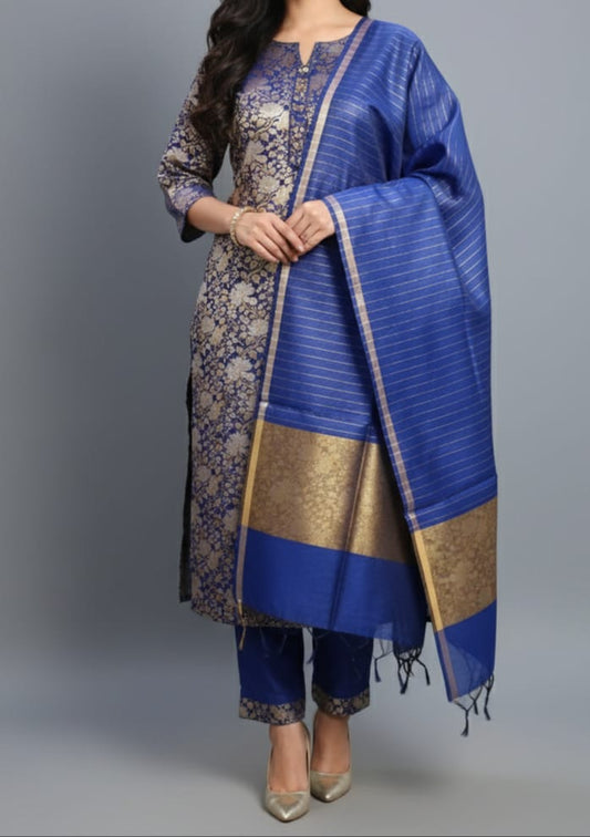Blue Silk Brocade Resham Zari Banarasi Suit with Cotton Stripe Zari Dupatta 600SKL_MB5