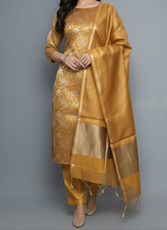Gold Silk Brocade Resham Zari Banarasi Suit with Cotton Stripe Zari Dupatta 600SKL_MB6