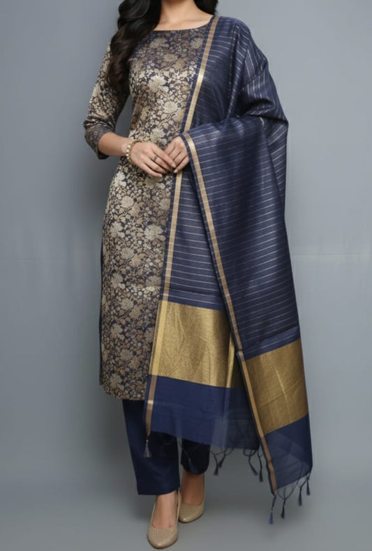 Navy Blue Silk Brocade Resham Zari Banarasi Suit with Cotton Stripe Zari Dupatta 600SKL_MB7