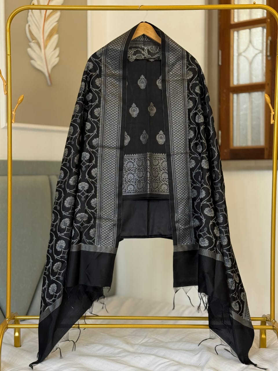 Elegant Black Dupion Silk Banarasi Suit with Intricate Jaal Dupatta 600SKL_SD1