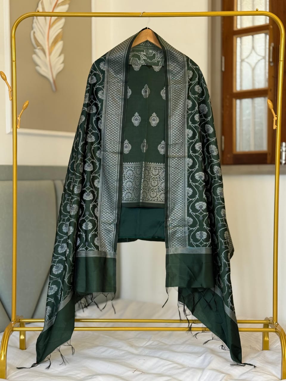 Dark Green Dupion Silk Banarasi Suit with Intricate Jaal Dupatta 600SKL_SD8