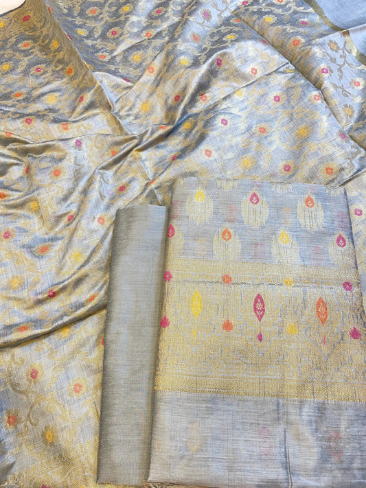 Cool Grey Cotton Resham Minakari Zari Booti Banarasi Suit 625AJ_PBC25