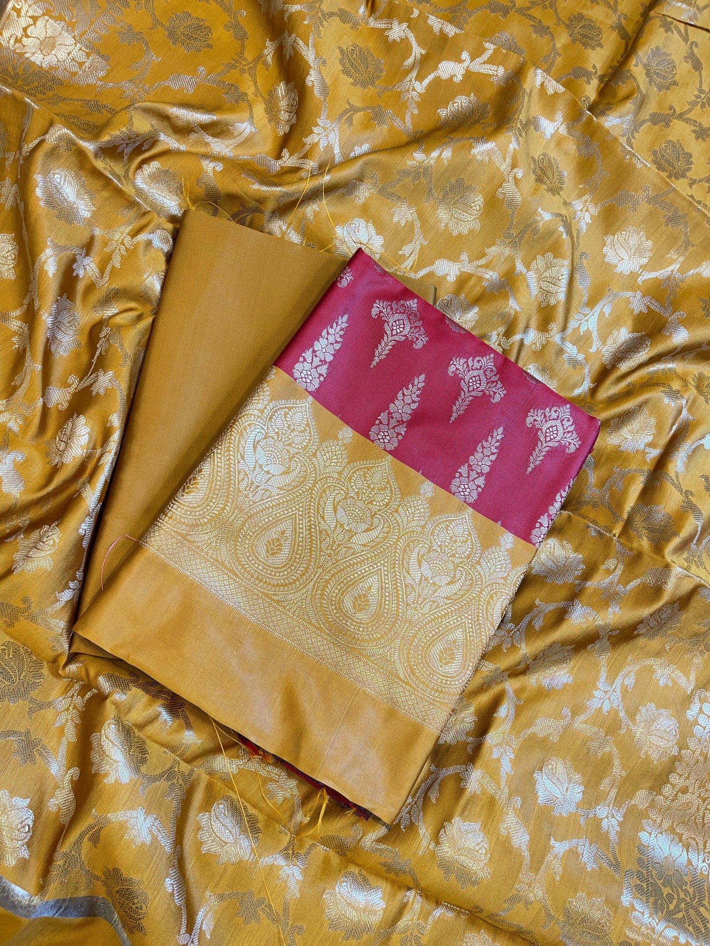 Red Art Silk Floral Zari Booti Contrast Banarasi Suit with Mustard Dupatta 625AJ_TPT25