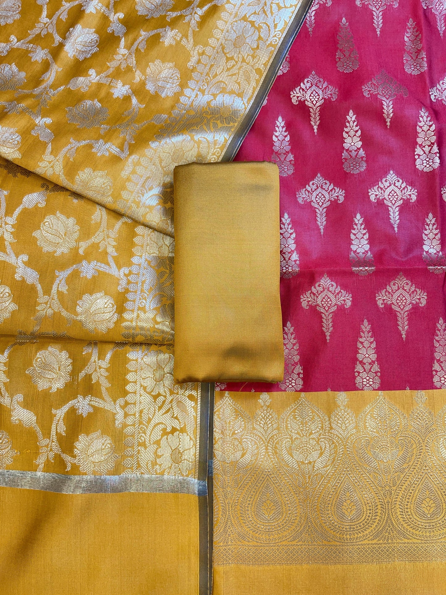 Red Art Silk Floral Zari Booti Contrast Banarasi Suit with Mustard Dupatta 625AJ_TPT25