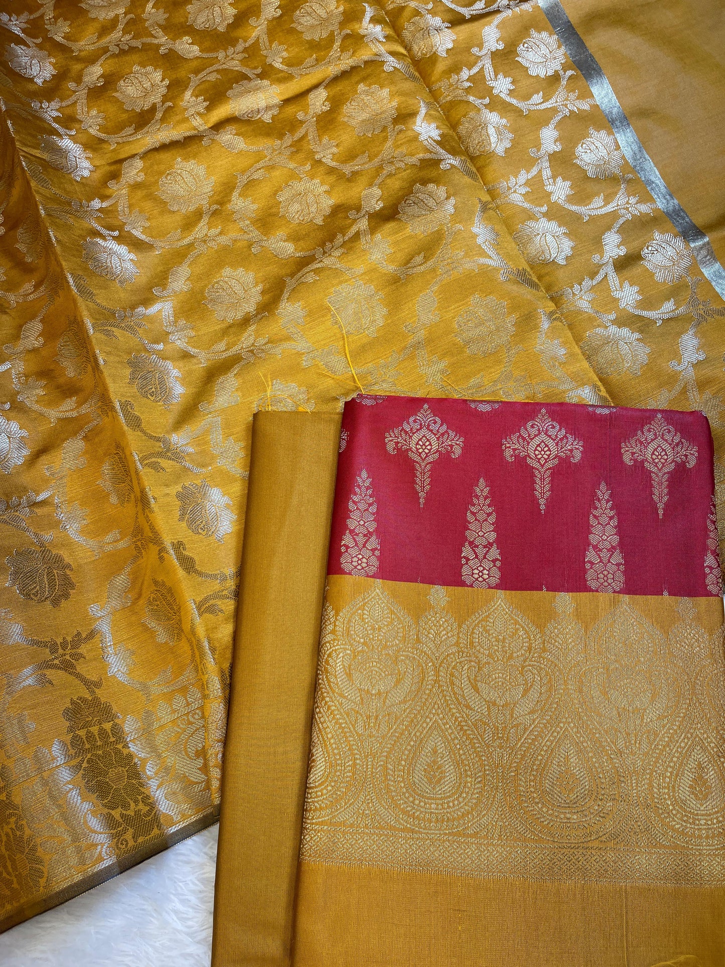 Red Art Silk Floral Zari Booti Contrast Banarasi Suit with Mustard Dupatta 625AJ_TPT25