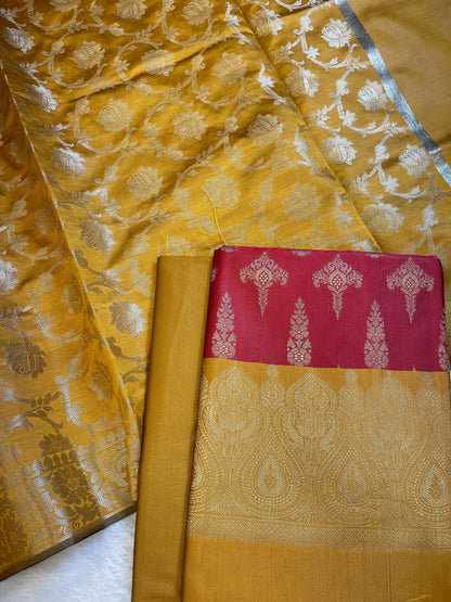 Red Art Silk Floral Zari Booti Contrast Banarasi Suit with Mustard Dupatta 625AJ_TPT25