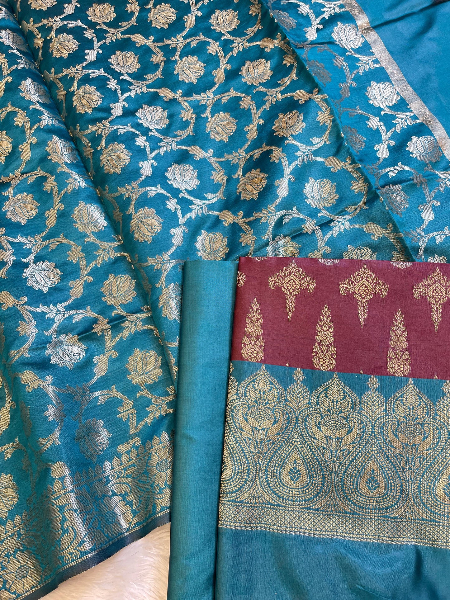 Maroon Art Silk Floral Zari Booti Contrast Banarasi Suit with Seagreen Dupatta 625AJ_TPT26