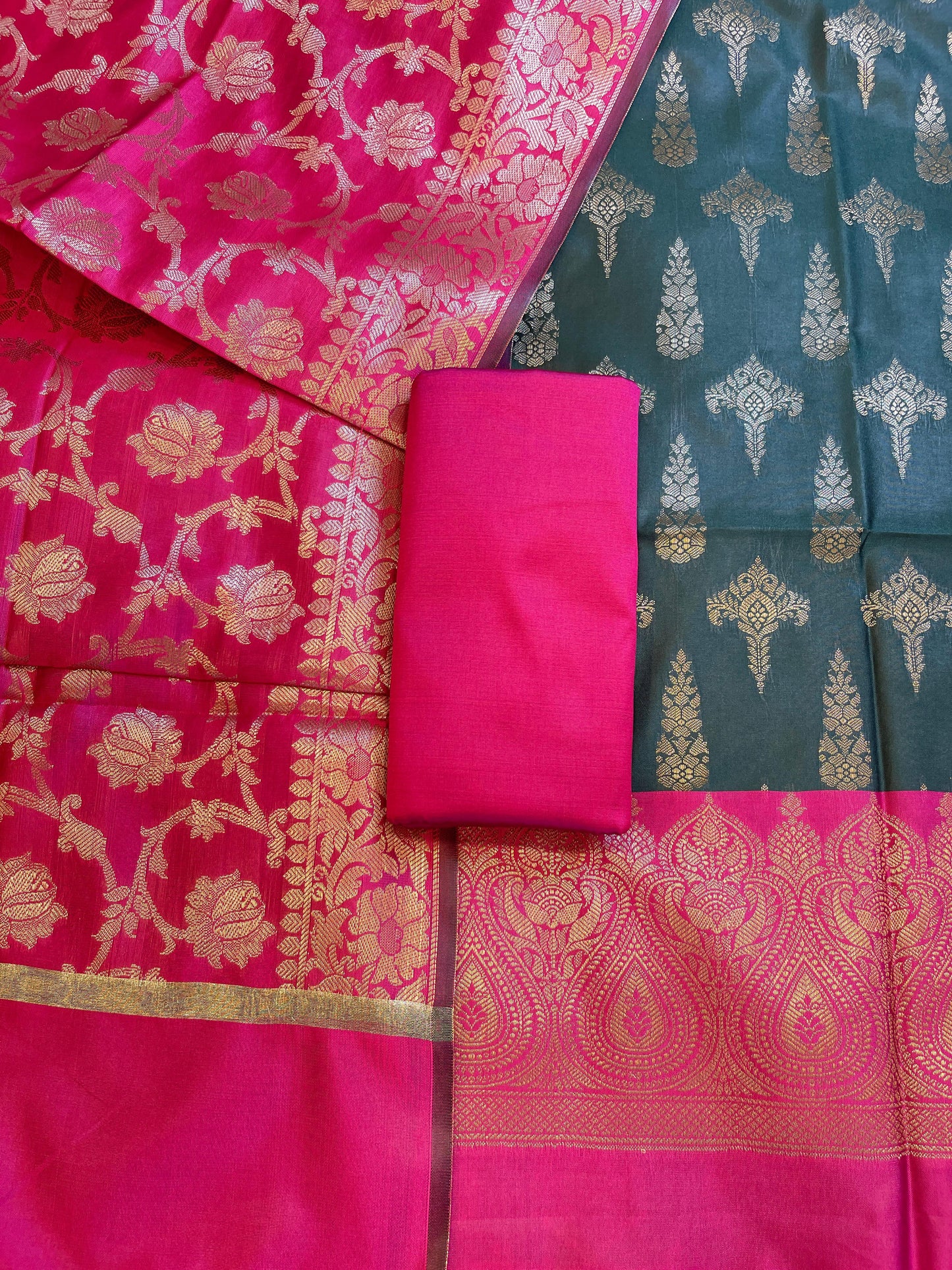 Darkgreen Art Silk Floral Zari Booti Contrast Banarasi Suit with Magenta Dupatta 625AJ_TPT27