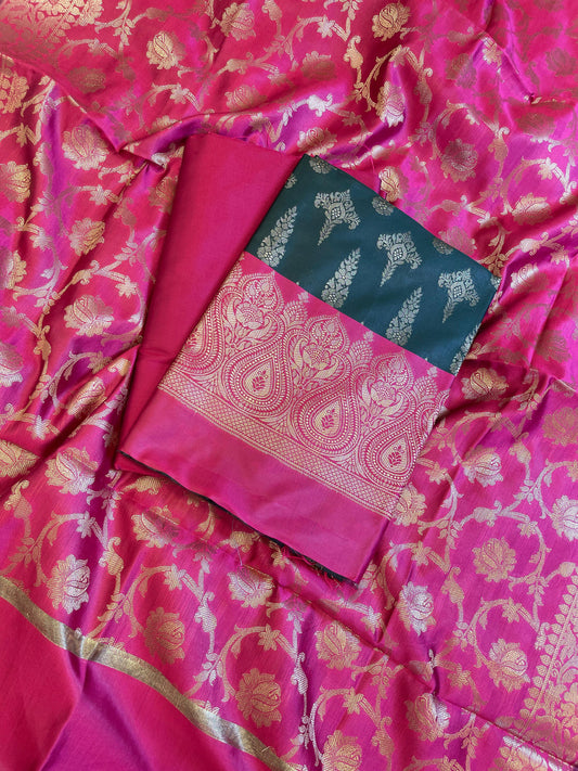 Darkgreen Art Silk Floral Zari Booti Contrast Banarasi Suit with Magenta Dupatta 625AJ_TPT27