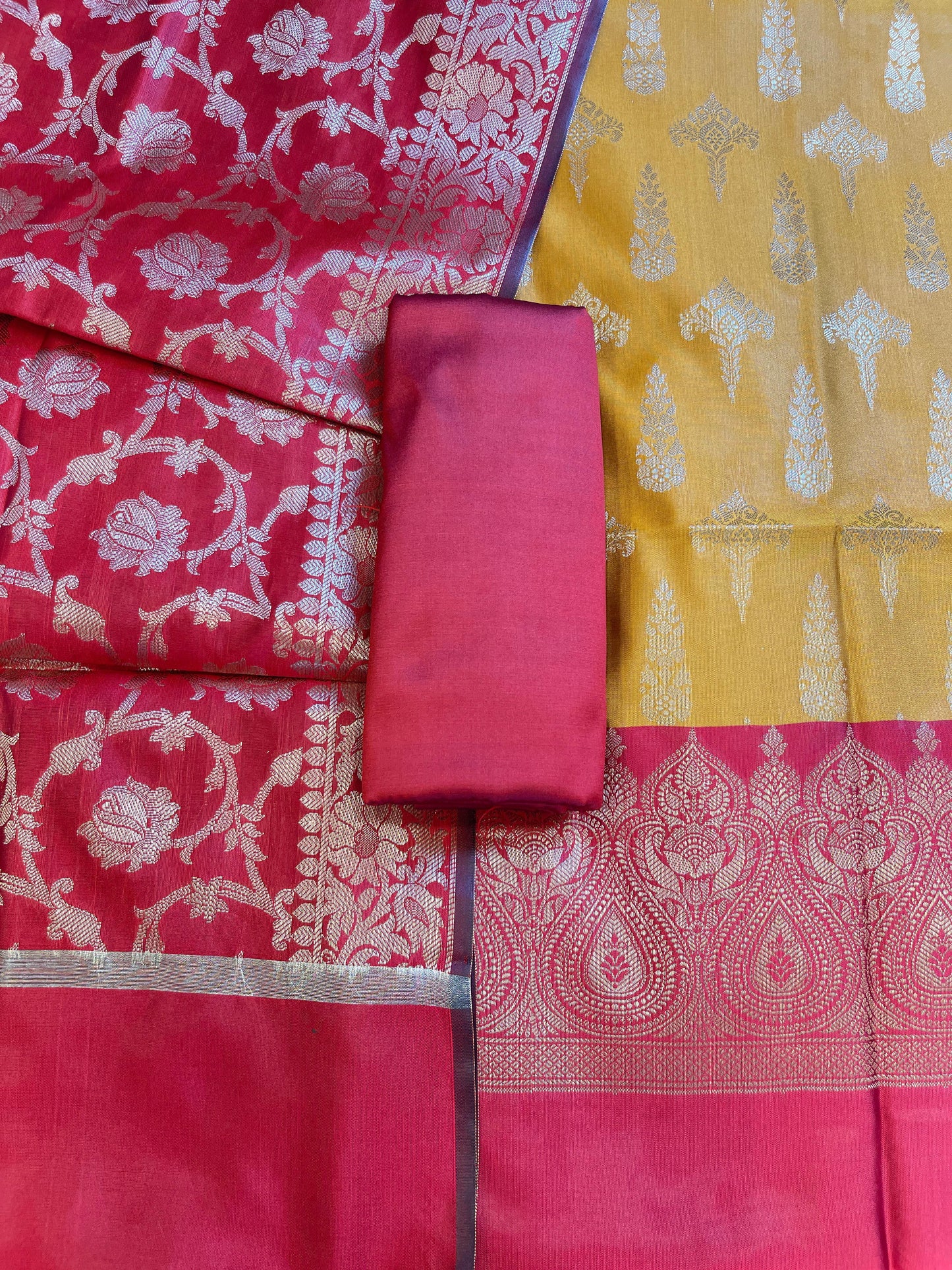 Mustard Yellow Art Silk Floral Zari Booti Contrast Banarasi Suit with Red Dupatta 625AJ_TPT28