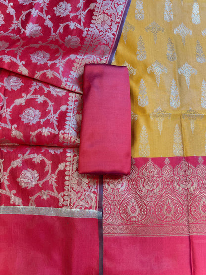 Mustard Yellow Art Silk Floral Zari Booti Contrast Banarasi Suit with Red Dupatta 625AJ_TPT28