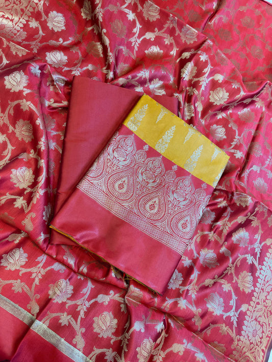 Mustard Yellow Art Silk Floral Zari Booti Contrast Banarasi Suit with Red Dupatta 625AJ_TPT28