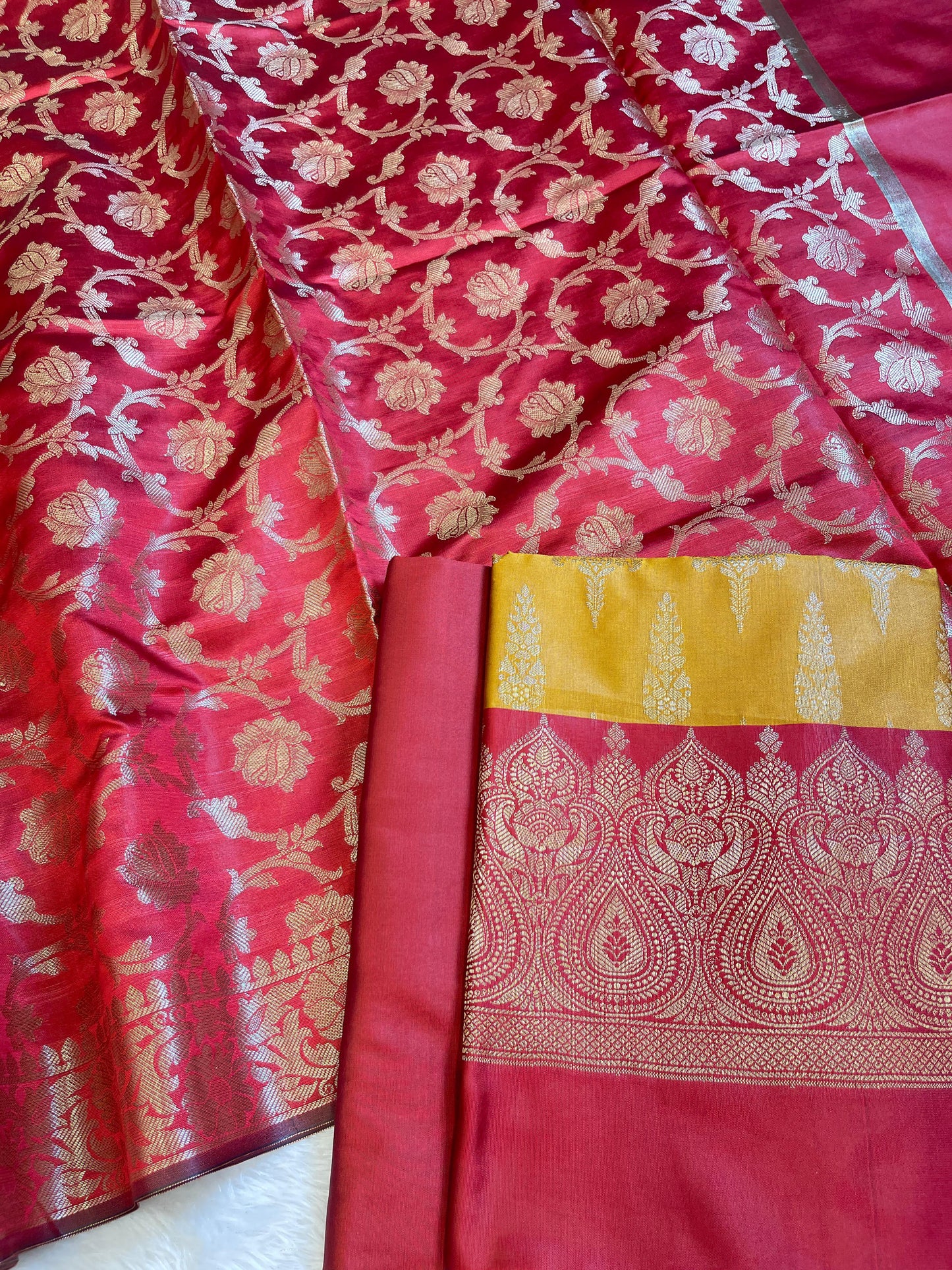 Mustard Yellow Art Silk Floral Zari Booti Contrast Banarasi Suit with Red Dupatta 625AJ_TPT28