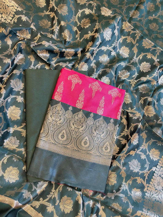 Magenta Art Silk Floral Zari Booti Contrast Banarasi Suit with Darkgreen Dupatta 625AJ_TPT29