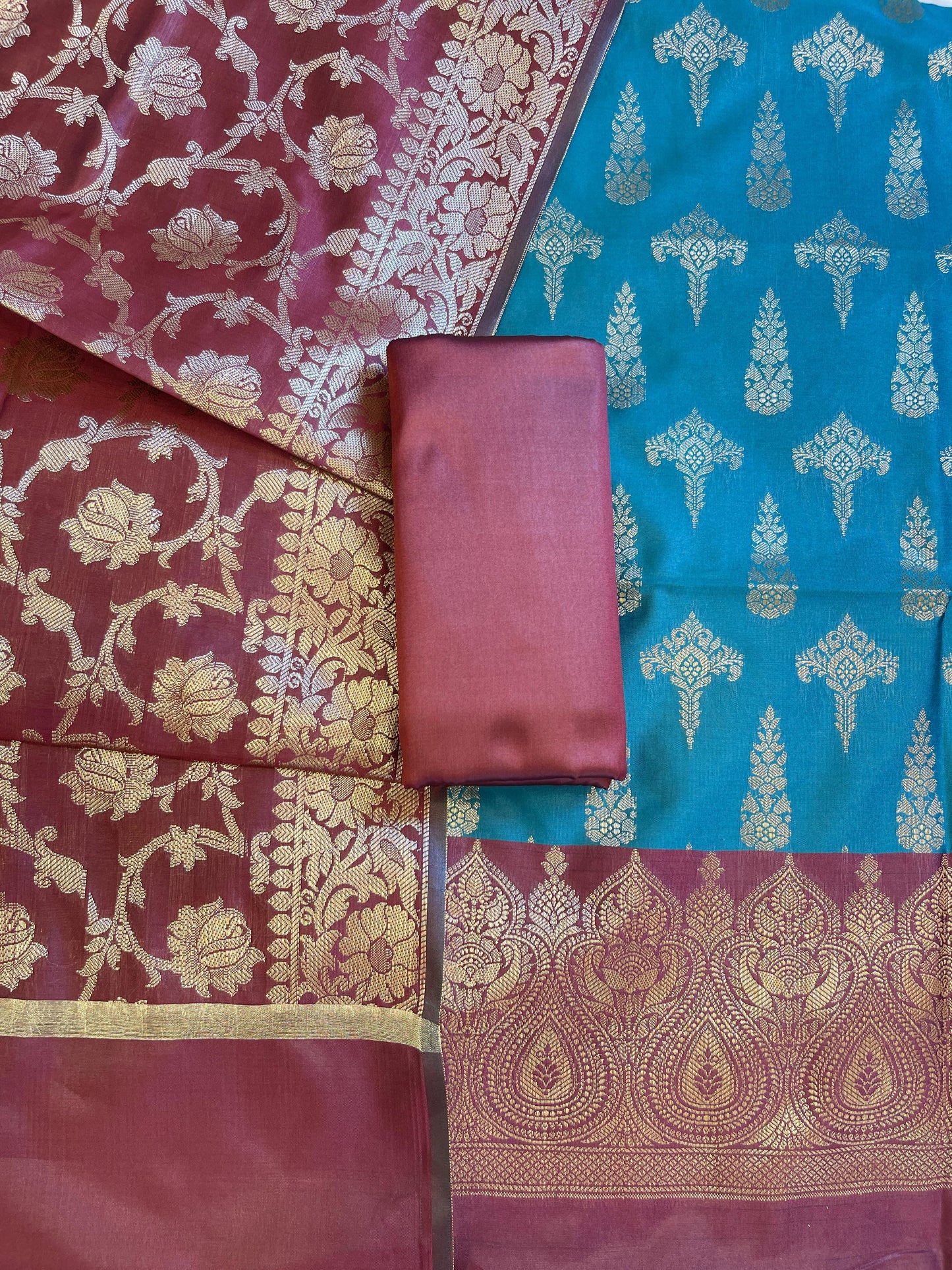 Seagreen Art Silk Floral Zari Booti Contrast Banarasi Suit with Maroon Dupatta 625AJ_TPT30