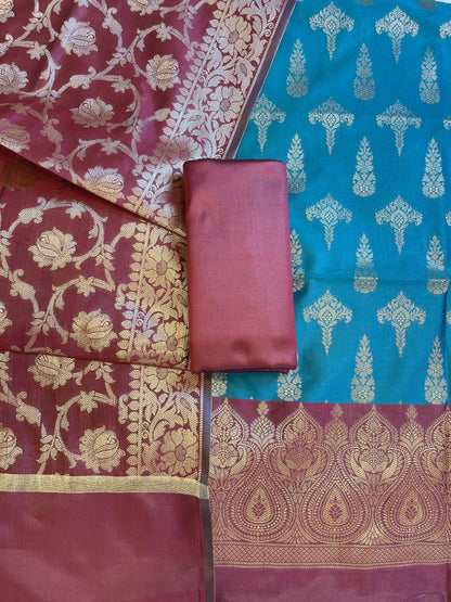 Seagreen Art Silk Floral Zari Booti Contrast Banarasi Suit with Maroon Dupatta 625AJ_TPT30