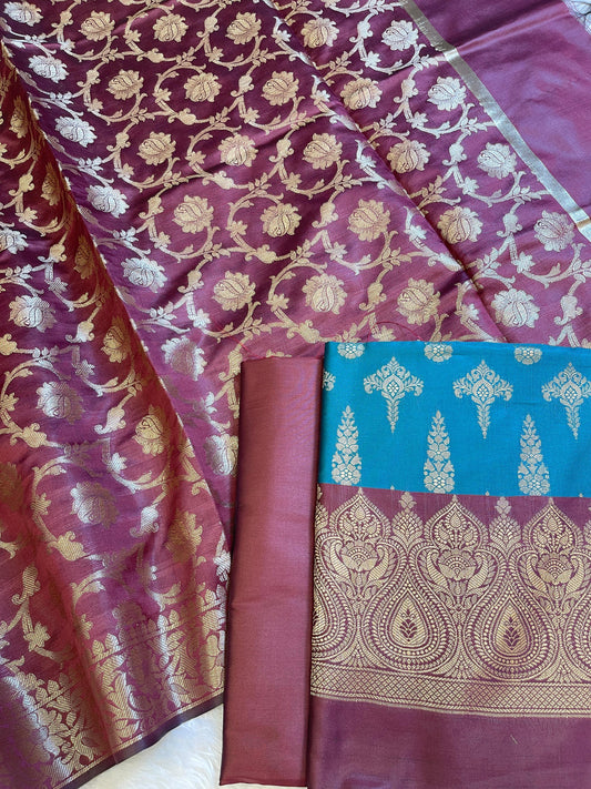 Seagreen Art Silk Floral Zari Booti Contrast Banarasi Suit with Maroon Dupatta 625AJ_TPT30