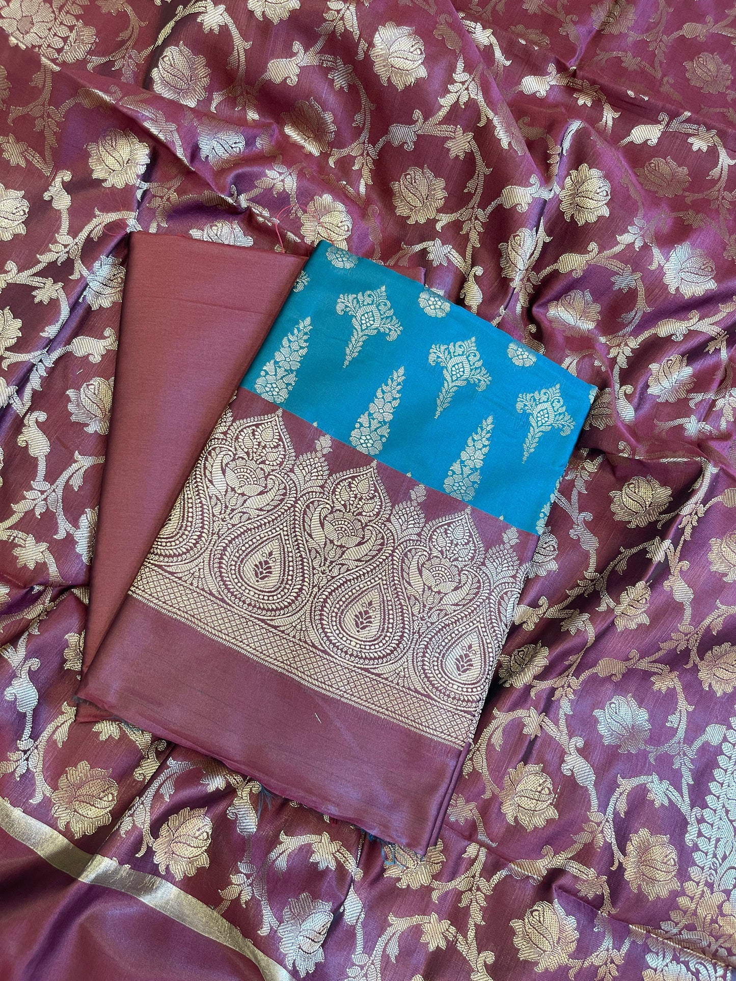 Seagreen Art Silk Floral Zari Booti Contrast Banarasi Suit with Maroon Dupatta 625AJ_TPT30