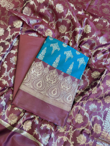 Seagreen Art Silk Floral Zari Booti Contrast Banarasi Suit with Maroon Dupatta 625AJ_TPT30