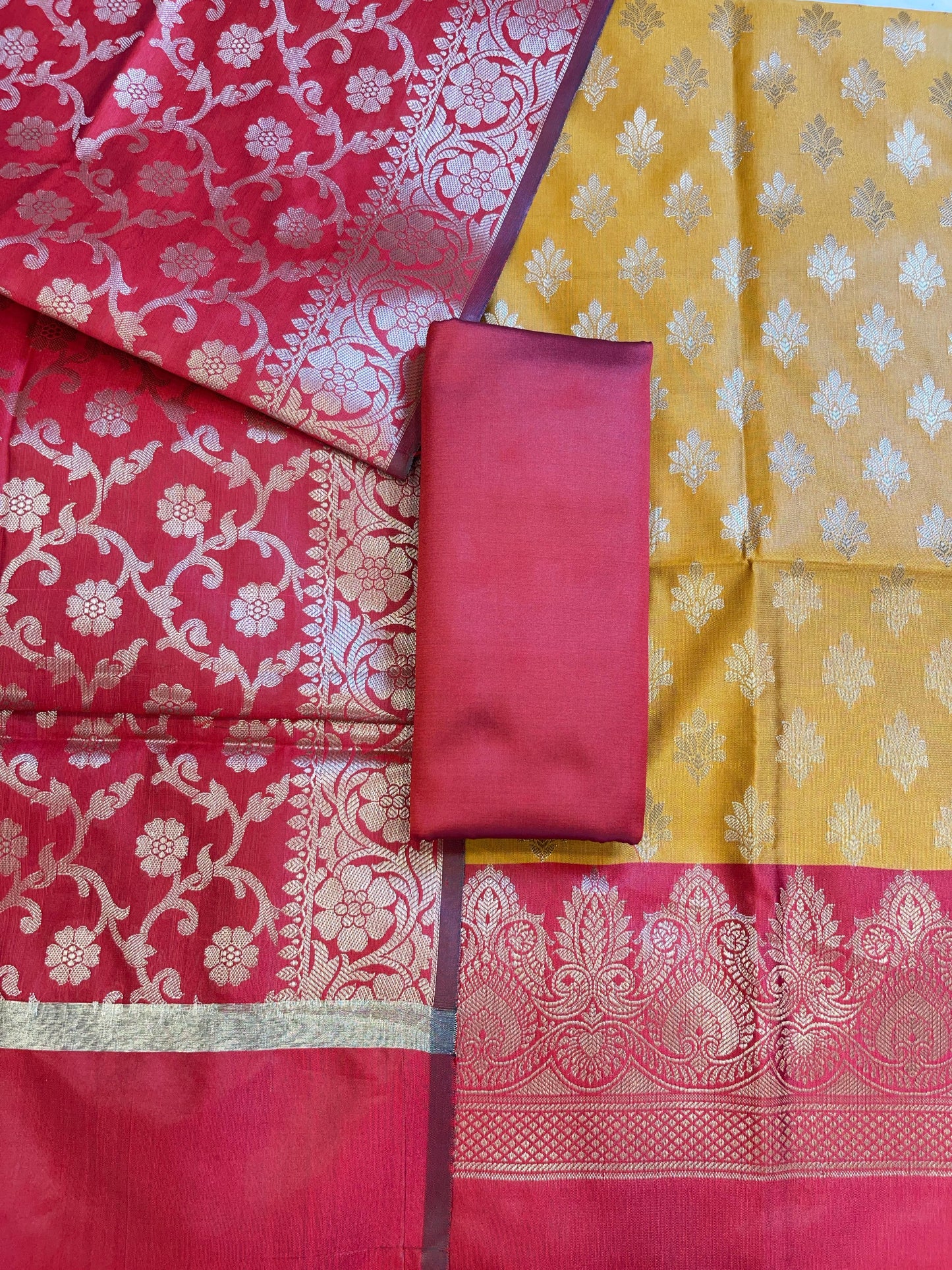 Mustard Yellow Art Silk Floral Zari Chunri Booti Contrast Banarasi Suit with Red Dupatta 625AJ_TPT31
