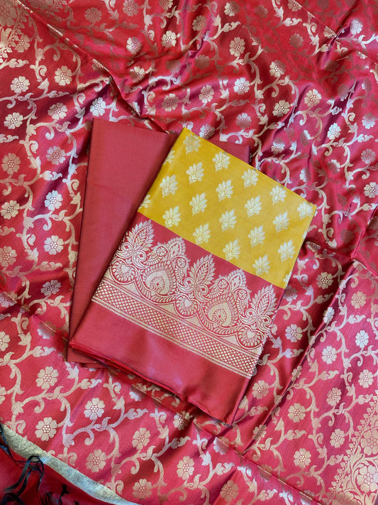 Mustard Yellow Art Silk Floral Zari Chunri Booti Contrast Banarasi Suit with Red Dupatta 625AJ_TPT31