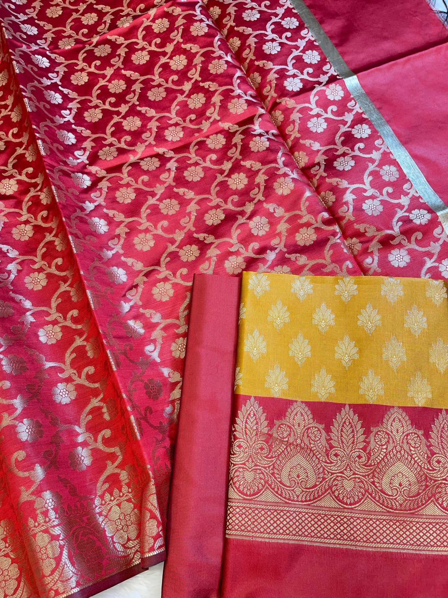 Mustard Yellow Art Silk Floral Zari Chunri Booti Contrast Banarasi Suit with Red Dupatta 625AJ_TPT31