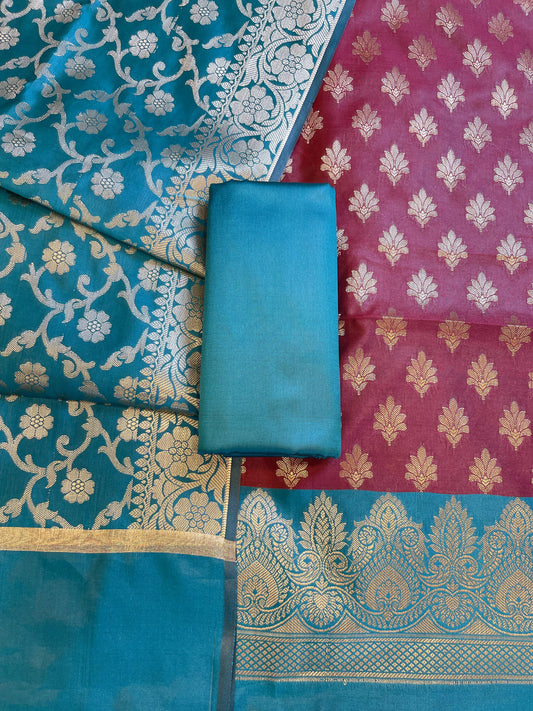 Maroon Art Silk Floral Zari Chunri Booti Contrast Banarasi Suit with Seagreen Dupatta 625AJ_TPT32